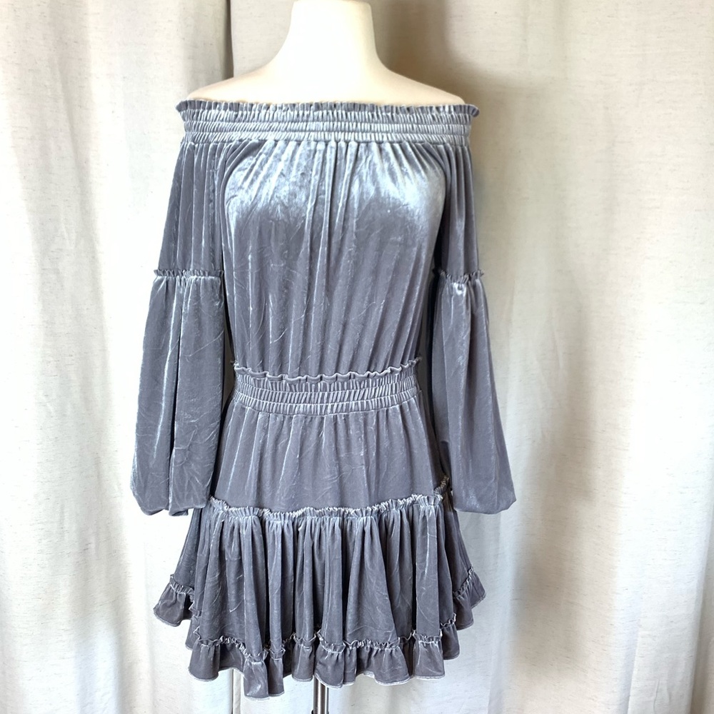 MISA Los Angeles Gray Velvet Offthe Shoulder Dress